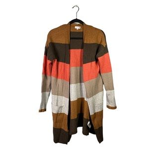 SO Striped Business Casual Knit Cardigan Sweater Brown Tan Pink Size Medium